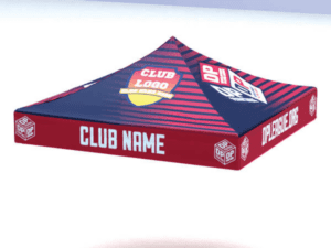 10’x10’ Replacement canopy with a red and blue striped design includes space for your club logo and name on the top, while the sides feature the text CLUB NAME and 01 PLEASURE.