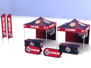 The TEAM Package: DPL + Custom Club Name includes two event tents featuring the text "Club Name" and "DPLEAGUE.ORG." Beneath each tent is a rectangular table, complemented by several matching banners and signs that showcase identical branding in a red, white, and black color scheme.