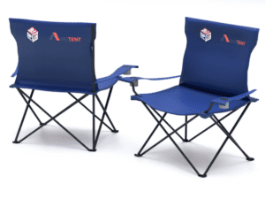 Two DPL Folding Chairs in blue with armrests are displayed. They feature a logo on the backrests and have black metal frames, set against a white background.