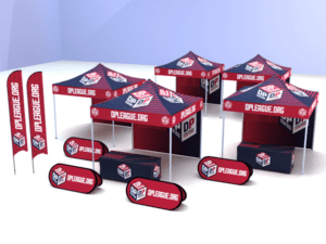 The FIELD Package: DPL Logo ONLY includes a set of promotional tents and banners in red, white, and blue, displaying the text DPLEAGUE.ORG. The setup features multiple canopies, tables, and feather flags all showcasing the same logo and branding.