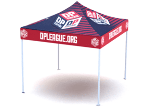 A 10'x10' tent featuring the DPLEAGUE.ORG and Dodgeball Premier League logos, designed with a red and navy color scheme. The canopy includes both text and icon elements, and the tent is open, supported by four metal poles.