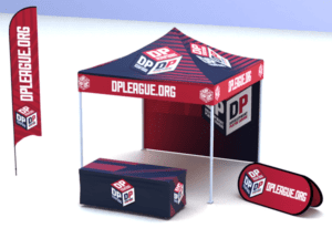 The STARTER Package: DPL Logo ONLY promotional setup includes a canopy tent, a table with a branded cover, a vertical flag, and a horizontal pop-up banner. These items feature DPLeague.org branding in red, blue, and white colors with logos and text.