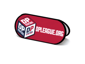 A webcam cover in red and white, featuring a 3D cube with 'DP' on each visible side, labeled Double Positive Players League, along with the text 'DPLEAGUE.ORG'. Product name: Spring Board: DPL Logo ONLY.