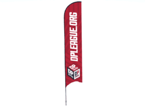 A medium-sized 13ft sunblade flag featuring the text OPLEAGUE.ORG in white on a red vertical background, with two logos of DP displayed below in white and red squares.