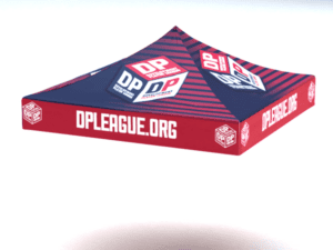 A 10’x10’ replacement canopy featuring the DPL logo in red and blue, with DP and DPLEAGUE.ORG printed on the sides and top, complemented by multiple logos against a background of diagonal stripes.