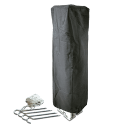 A tall, rectangular outdoor heater covered with a black protective cover stands beside custom canopies. Nearby are metal hooks and a coil of white rope. The heater rests on a square base with a metallic finish.