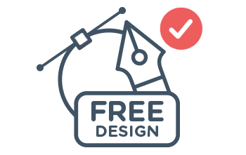 Illustration of a pen nib and design tool accompanied by the words "Free Design" inside a rectangle. A red check mark graces the upper right corner, all in vivid blue, red, and white hues. Perfect for creating graphics for Custom Tents and Canopies.