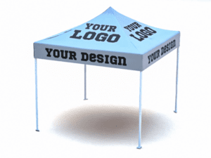 A 10’x10’ fully customizable pop-up canopy tent features a blue top and white legs, with the words YOUR LOGO and YOUR DESIGN printed in black on the sides and top.