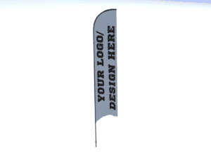 A medium 13ft Sunblade Flag standing against a light background, showcasing the text YOUR LOGO/DESIGN HERE in bold, black letters. This flag is designed for full customization and is perfect for adaptable advertising placement.