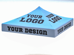 A 10’x10’ replacement canopy top, fully customizable, showcases a blue design with YOUR LOGO and YOUR DESIGN printed in bold black letters on each side, set against a white background.