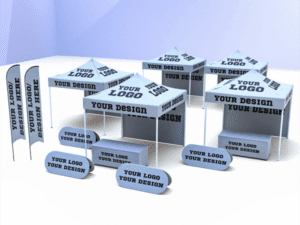 A set of six FIELD Package pop-up tents featuring full customization with "Your Logo" and "Your Design" on the canopies. In front of the tents are several rectangular and oval signs carrying the same branding, along with two vertical flags displaying the design.