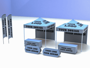 Showcase your brand with the TEAM Package: Full Customization. This outdoor display setup includes two canopy tents custom printed with your logo and design, accompanied by banners, a rectangular counter, and oval stands that offer customizable areas for branding.