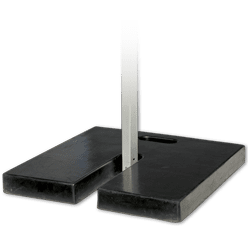 A black base with two rectangular weights and a vertical steel pole designed for stabilizing outdoor signs or custom tents and canopies. The base features a handle for easy carrying.