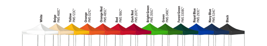 A lineup of canopy tents in various colors, displayed from left to right: white, light yellow, yellow, orange, red, dark red, bright green, dark green, teal, blue, dark blue, gray, and black.