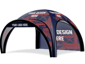 The 10x10 Printed Inflatable Air Dome Tent features a dome shape with four open arches, blue and red geometric patterns, and “YOUR DESIGN HERE” and “YOUR LOGO HERE” printed on the fabric panels.