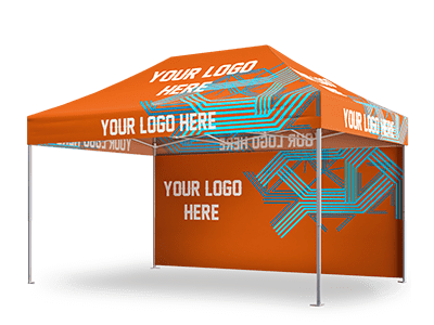 An orange pop-up canopy tent with Your Logo Here printed in white on the roof and side. The design features abstract blue lines, perfect for custom tents and canopies enthusiasts. The tent boasts sturdy metal poles and a partial sidewall for added versatility.