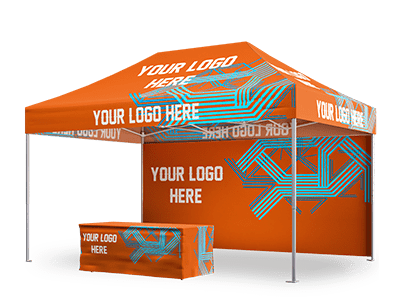 Bright orange pop-up tent and table featuring YOUR LOGO HERE text. Geometric blue pattern adorns both structures, offering a custom tents and canopies option perfect for outdoor events or promotional activities.