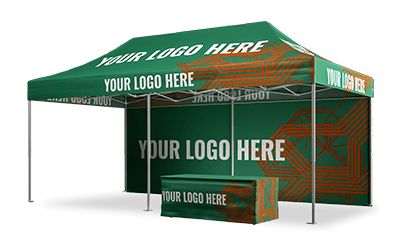 A green and orange custom canopy tent, emblazoned with YOUR LOGO HERE, graces the roof and side panels. This custom tent pairs perfectly with a matching table cover, crafting a cohesive look ideal for outdoor events or exhibitions.