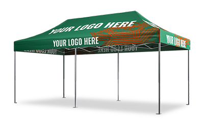 A green pop-up canopy tent with the text YOUR LOGO HERE printed in white on the roof panels. The custom tent features a sturdy black metal frame and stands confidently on any flat surface, perfect for all your branding needs.