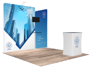 The 10'x10' Quick-N-Fit Booth - Package # 1105 features a sleek, modern design with city skyscrapers and an airplane graphic. This setup includes a screen, counter, and customizable signage area, all branded with a logo placeholder on a wooden floor.