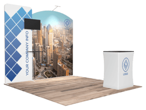 Product Data: 10'x10' Quick-N-Fit Booth - Package # 1108

Rewritten Sentence: The 10'x10' Quick-N-Fit Booth - Package #1108 showcases a trade show booth set against a cityscape backdrop. The display includes a large monitor, a diamond-patterned panel, and space for a customizable logo. A small counter featuring the logo is positioned at the front on a wooden floor.