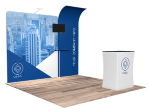 Introducing the 10'x10' Quick-N-Fit Booth - Package # 1110: This contemporary exhibition booth boasts a sleek blue and white color scheme. It includes a stunning backdrop featuring a city skyline image alongside your logo, with ample space for showcasing company information. A coordinating counter with your logo elegantly complements the setup at the front. The booth is completed with an attractive wooden floor for added sophistication.
