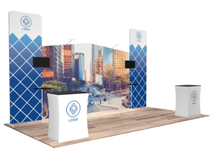 Presenting the 10'x20' Quick-N-Fit Booth - Package #1205, which showcases a cityscape backdrop complemented by geometric blue patterns. The booth setup features two podiums and symmetrical panels equipped with screens, each prominently displaying logos centrally positioned on both podiums and panels, all elegantly arranged on a wooden platform.