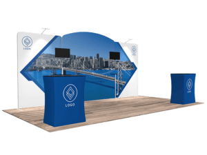 Discover the 10'x20' Quick-N-Fit Booth - Package # 1206, featuring a blue-themed cityscape backdrop. This trade show setup includes two monitor screens and a counter, all showcasing a geometric logo, and is elegantly arranged on wooden flooring.