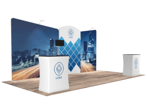 Experience the 10'x20' Quick-N-Fit Booth - Package #1208: a trade show booth setup that showcases an expansive backdrop featuring a cityscape at night with geometric elements. Positioned in the foreground on a polished wooden floor, two counters prominently display logo branding.
