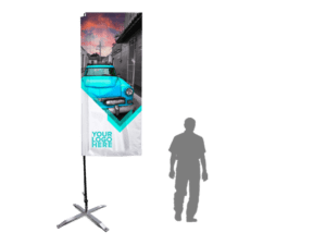 A 13ft Banner Flag featuring a vintage turquoise car set against a city street scene with a dramatic sky filled with reds and oranges. It includes "Your logo here" text at the bottom and features a silhouette of a person standing next to it for scale.
