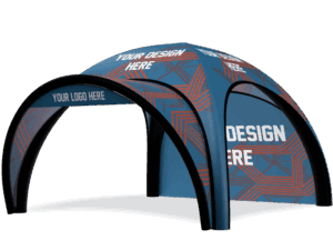 The 13x13 Printed Inflatable Air Dome Tent features blue and black colors, four curved entrances, geometric red patterns, and customizable areas labeled “YOUR DESIGN HERE” and “YOUR LOGO HERE.”.