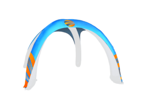 The Printed Airdome Top Only features an inflatable design with a domed canopy and four arching legs, predominantly in blue and black with orange accents. It includes an abstract logo positioned on the top.