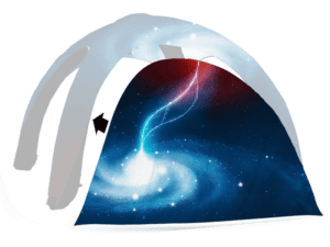 A tent with a cosmic design featuring a swirling galaxy and a bright lightning bolt across it, set against a dark background with stars scattered throughout.