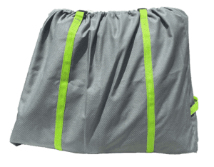 Introducing the Free Storage Bag: a spacious gray bag crafted from fabric, featuring vibrant green straps and a cinched top. The bag boasts a textured design and appears to hold little to no contents. The eye-catching green straps are prominently displayed, extending vertically along the sides.