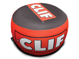Introducing the Custom Air'Lounge Ottoman Cover Only: a round, red and black cover adorned with the CLIF logo in striking white letters on both the top and sides.
