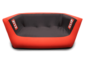 A rectangular, inflatable couch cover featuring bright red sides and a dark gray seating area, with the Clif logo on both arms, designed for the Custom Air'Lounge Sofa Cover Only.