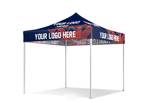A blue pop-up canopy tent with the text YOUR LOGO HERE printed in white. The tent features a geometric red and white pattern on the top and sides, supported by four white poles.