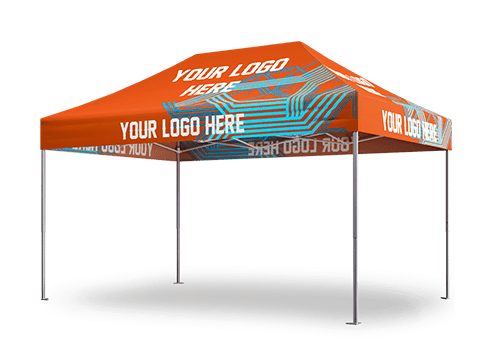A bright orange pop-up canopy tent with YOUR LOGO HERE written on all sides. The tent features abstract blue patterns and is supported by four metal legs.