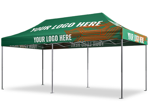 A green promotional tent with Your Logo Here text printed in white on the canopy and valance. The tent has a graphic pattern and stands on metal poles.