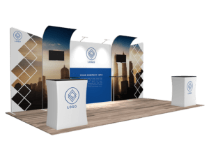 Experience the contemporary design of the 10'x20' Quick-N-Fit Booth - Package #1209, which showcases a curved backdrop adorned with a city skyline and geometric patterns. In front, you'll find two podiums featuring logo graphics. The central panel offers ample space for company information and additional branding opportunities.