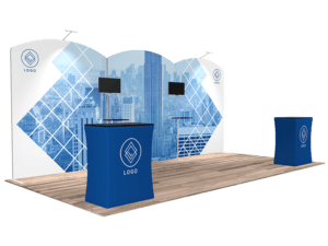 Introducing the 10'x20' Quick-N-Fit Booth - Package # 1214, featuring a blue and white geometric design with a cityscape backdrop. This booth comes equipped with two logo-branded counters and monitors mounted on the backdrop. It is complemented by a wooden floor finish.