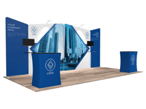 Our 10'x20' Quick-N-Fit Booth - Package #1216 showcases blue and white panels adorned with company logos and skyscraper graphics. It is equipped with two counters covered in blue cloth featuring logos, along with two compact display screens, all set on a wooden floor.