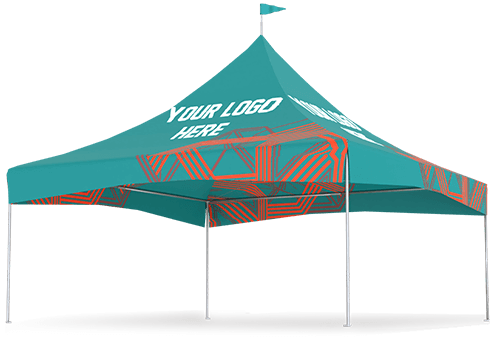 A teal pop-up canopy tent with a small flag on top, featuring a customizable Your Logo Here text and abstract orange geometric patterns along the sides. The tent is supported by four metal legs.