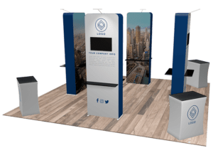 Introducing the 20'x20' Quick-N-Fit Booth - Package # 2202, designed with blue and white panels showcasing a city skyline. The central panel highlights a logo along with space for a screen and social media icons. It features counters adorned with logos, all set on an elegant wooden floor.