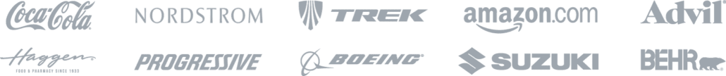 Logos of various brands including Coca-Cola, Nordstrom, Trek, Amazon, Advil, Hagen-Dazs, Progressive, Boeing, Suzuki, and Behr on a green background.