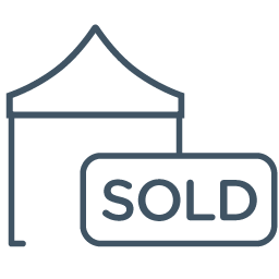 A simple line drawing of a tent with the word SOLD on a sign in front.