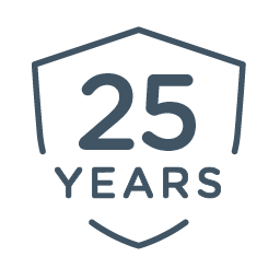 A dark blue shield-shaped emblem featuring the text 25 Years in the center.