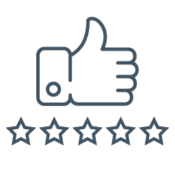 A simple line drawing of a thumbs-up with five stars below.