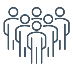 A simple line drawing of a group of seven stick figure people standing together.