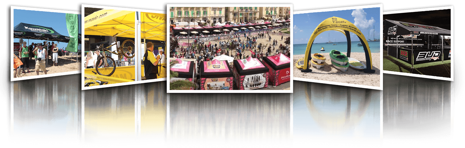 A collage of events featuring outdoor activities: a booth with people, a bike on display, a crowded fair with tents, kayaks on a beach, and a sports equipment booth near the sea.